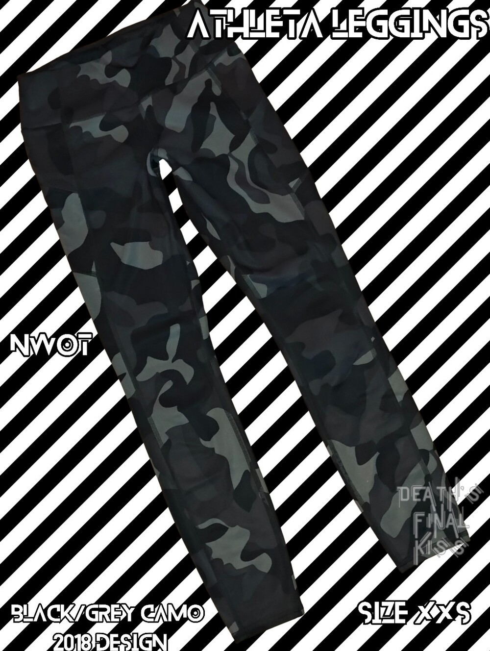 🆕 Athleta Black Gray Camo Leggings Roller Derby Many Pockets XXS Strength Train